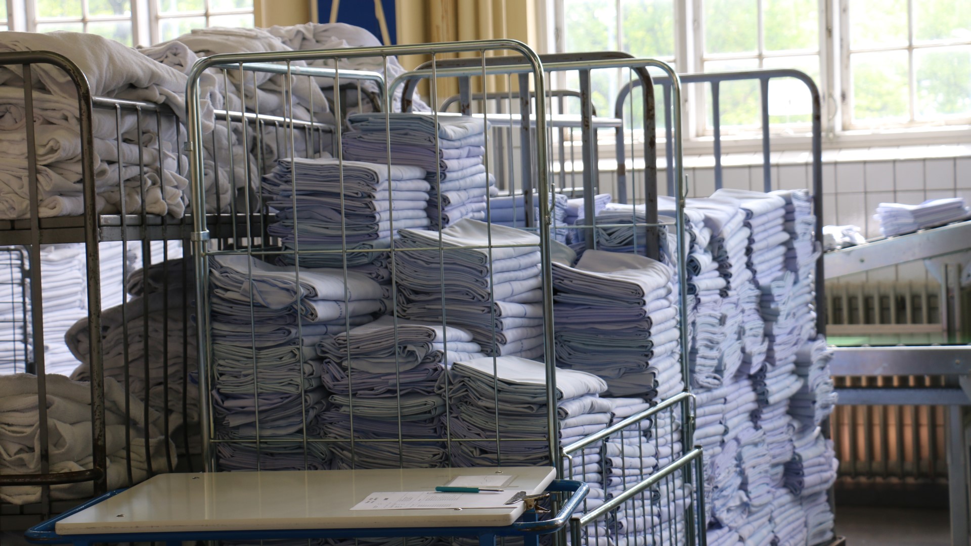 Stack of blue dish clothes at Bispebjerg Hospital