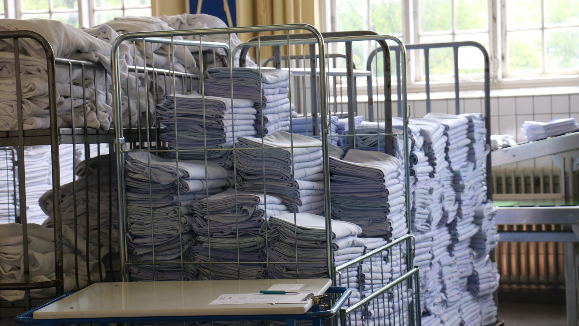 Stack of blue dish clothes at Bispebjerg Hospital ©SusBrane Stack of blue dish clothes at Bispebjerg Hospital